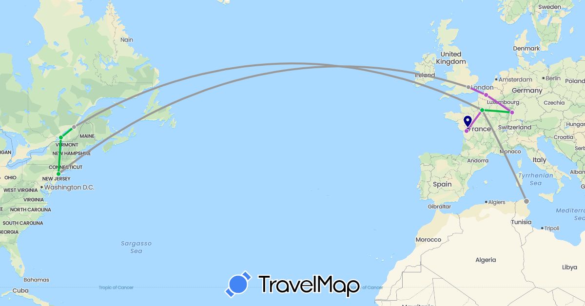 TravelMap itinerary: driving, bus, plane, train in Canada, France, United Kingdom, Tunisia, United States (Africa, Europe, North America)